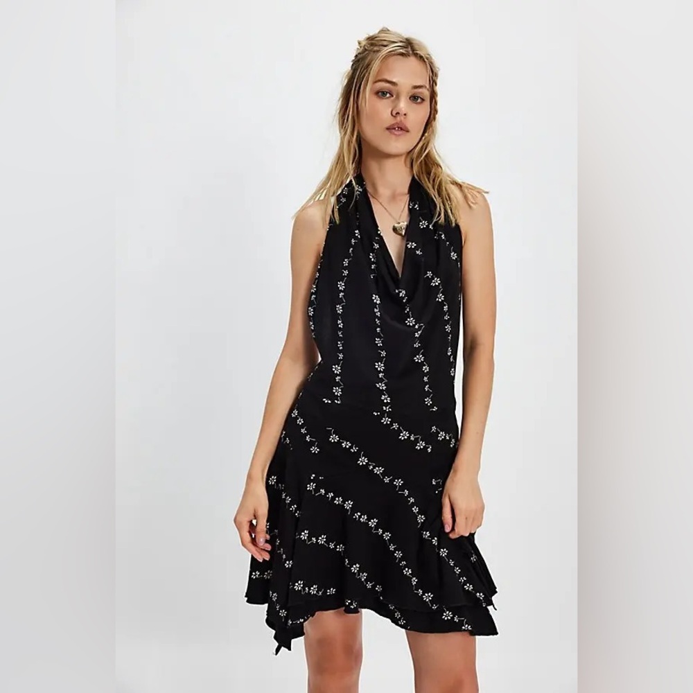 Free People Black Floral Cowl Neck Halter Dress